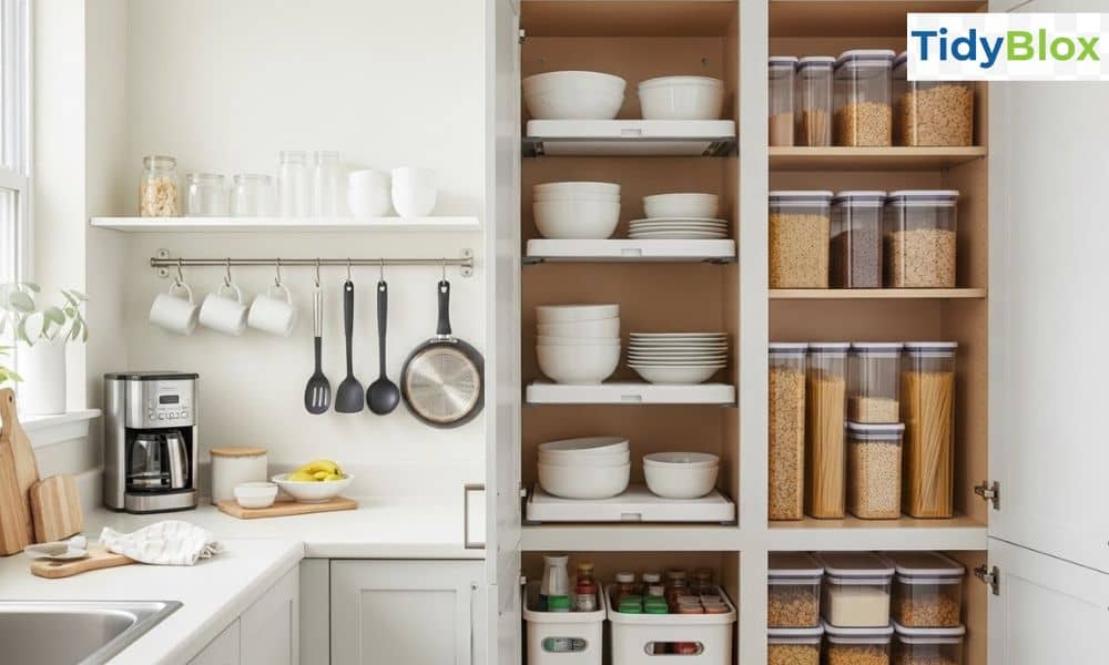 Small apartment kitchen with budget storage ideas like wall hooks, shelf risers, and stackable containers for better organization.