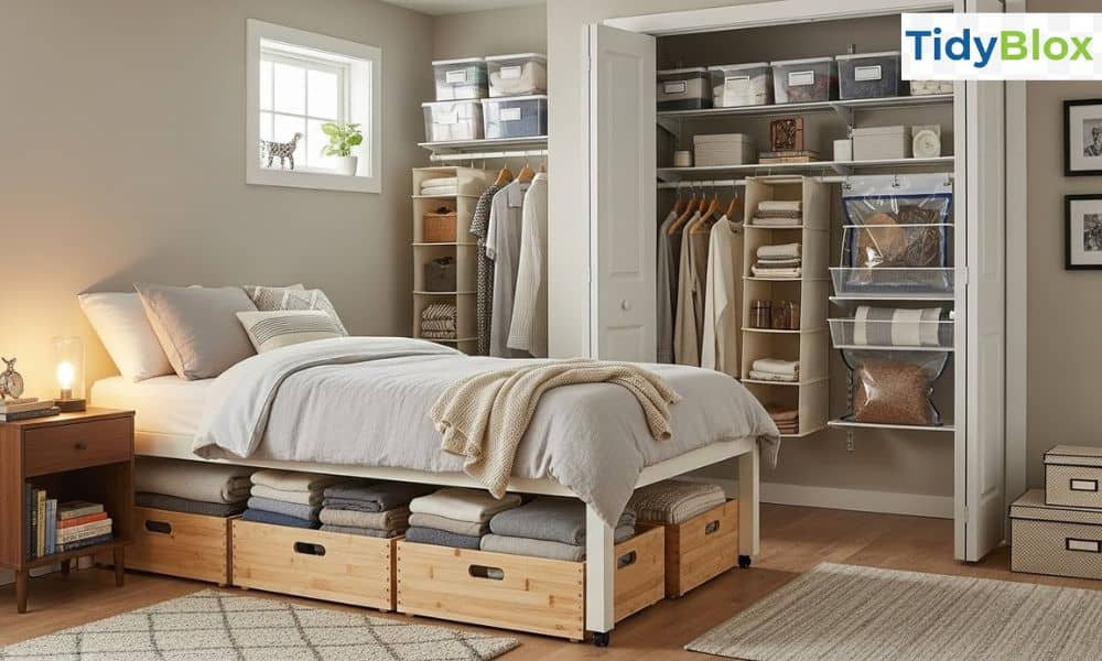 Bedroom and closet storage ideas for a small apartment using under-bed bins, storage boxes, and closet organizers.