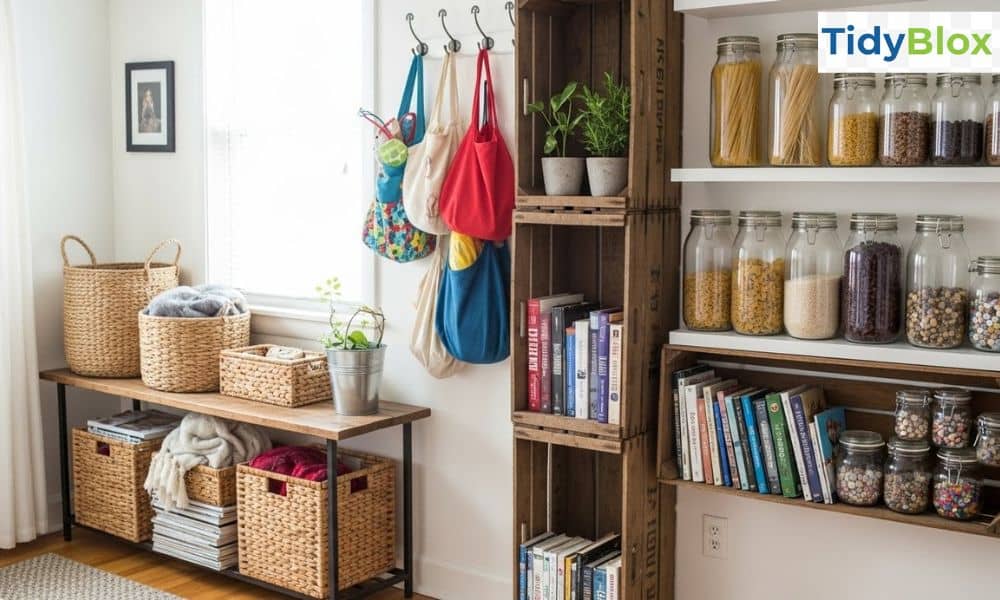 DIY and low-cost storage ideas in a small apartment using baskets, crates, jars, and reusable containers.