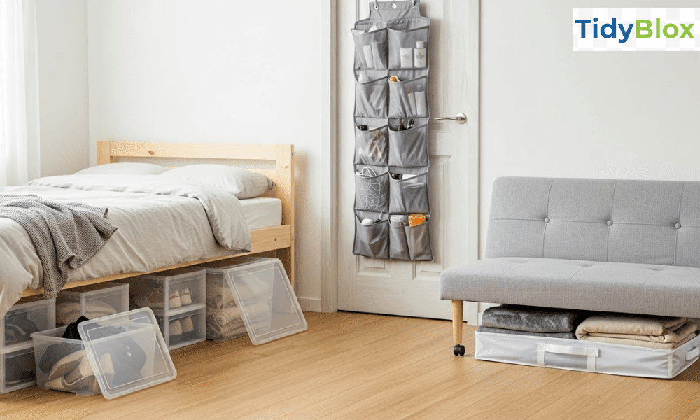 Hidden storage solutions in a small apartment with under-bed storage bins, behind-the-door organizers, and under-sofa storage.