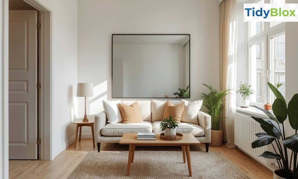 Wall mirror reflecting light to make small apartment living room look bigger on a budget