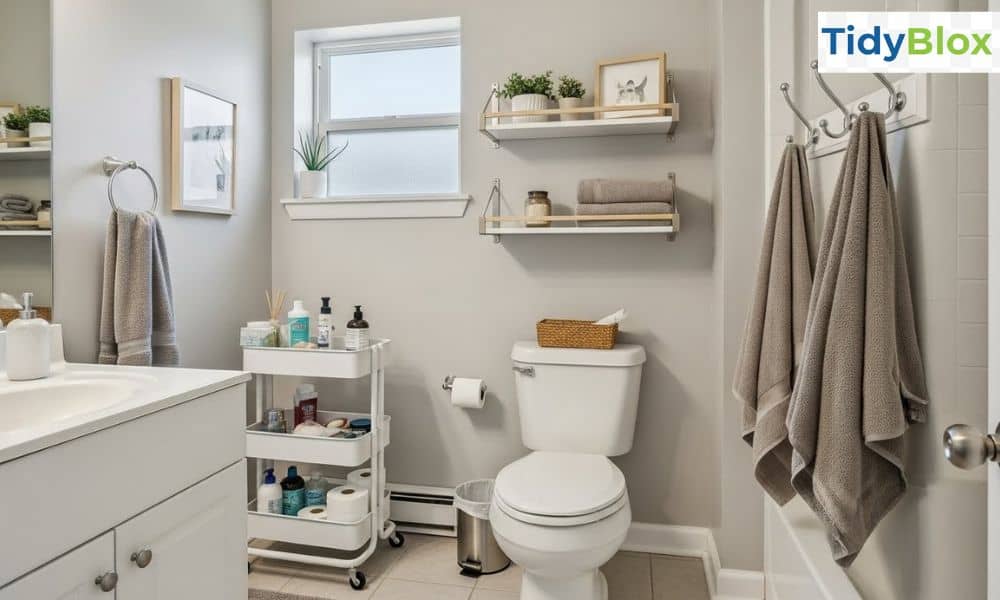 Compact apartment bathroom with slim storage cart, wall-mounted shelves, and towel hooks for budget-friendly storage.