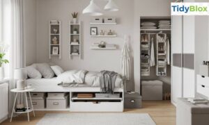 alt="organized small apartment bedroom with smart storage solutions"