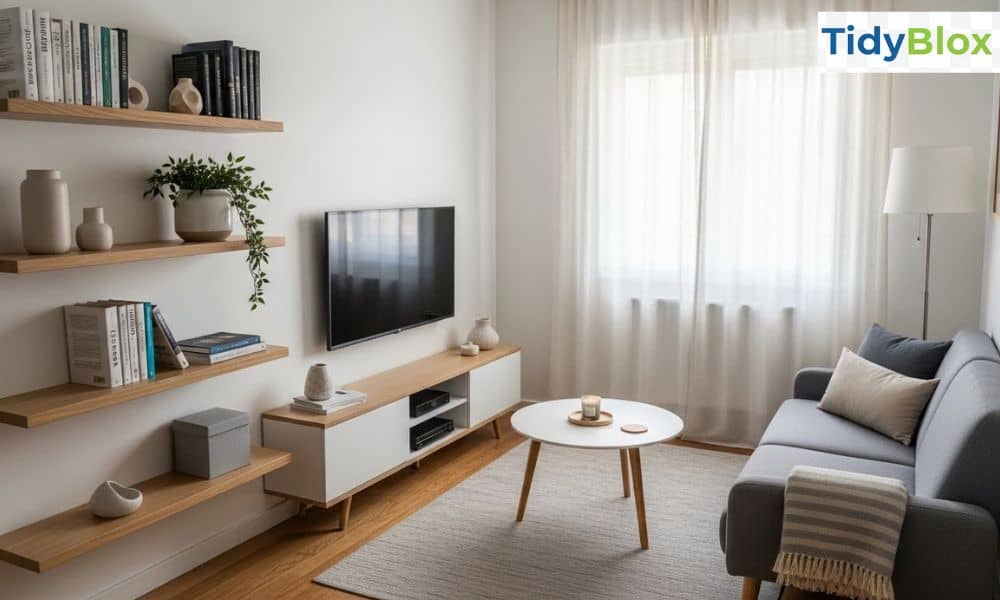 Clean and organized small apartment living space with clutter-free shelves and budget-friendly storage solutions.
Small Apartment Storage Ideas on a Budget