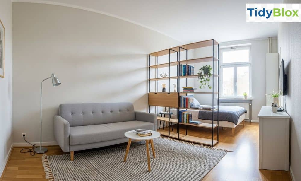 Studio apartment living room layout ideas with space division on a budget