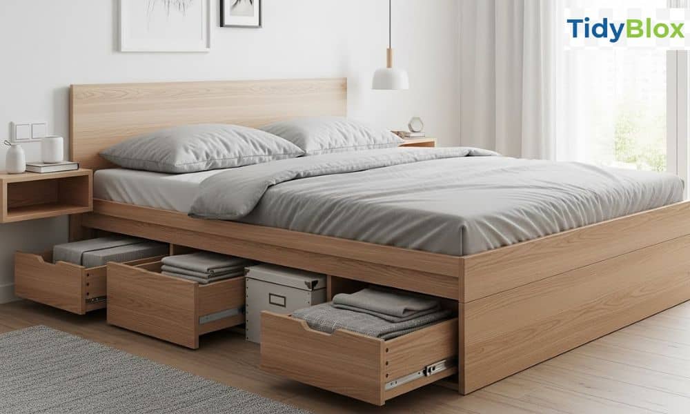 under-bed storage drawers in a small bedroom