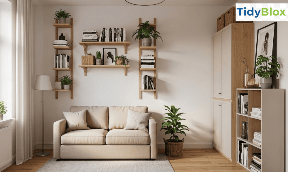 Vertical storage ideas for small apartment living room with floating shelves and baskets