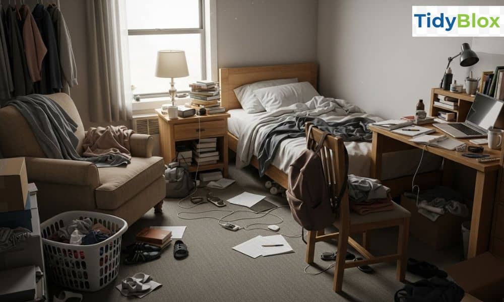 small apartment bedroom with limited storage space